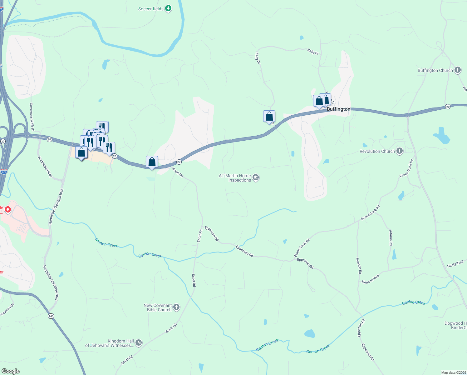 map of restaurants, bars, coffee shops, grocery stores, and more near 305 Evie Lane in Canton