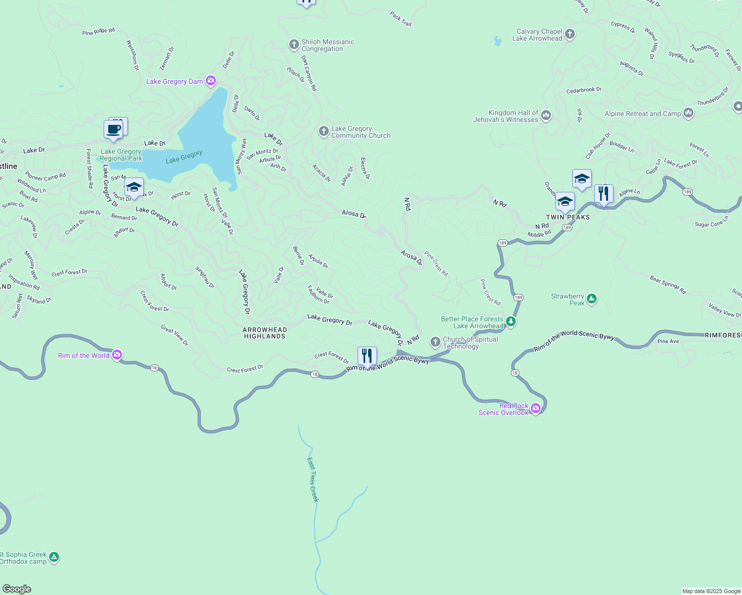 map of restaurants, bars, coffee shops, grocery stores, and more near Basel Drive in Crestline