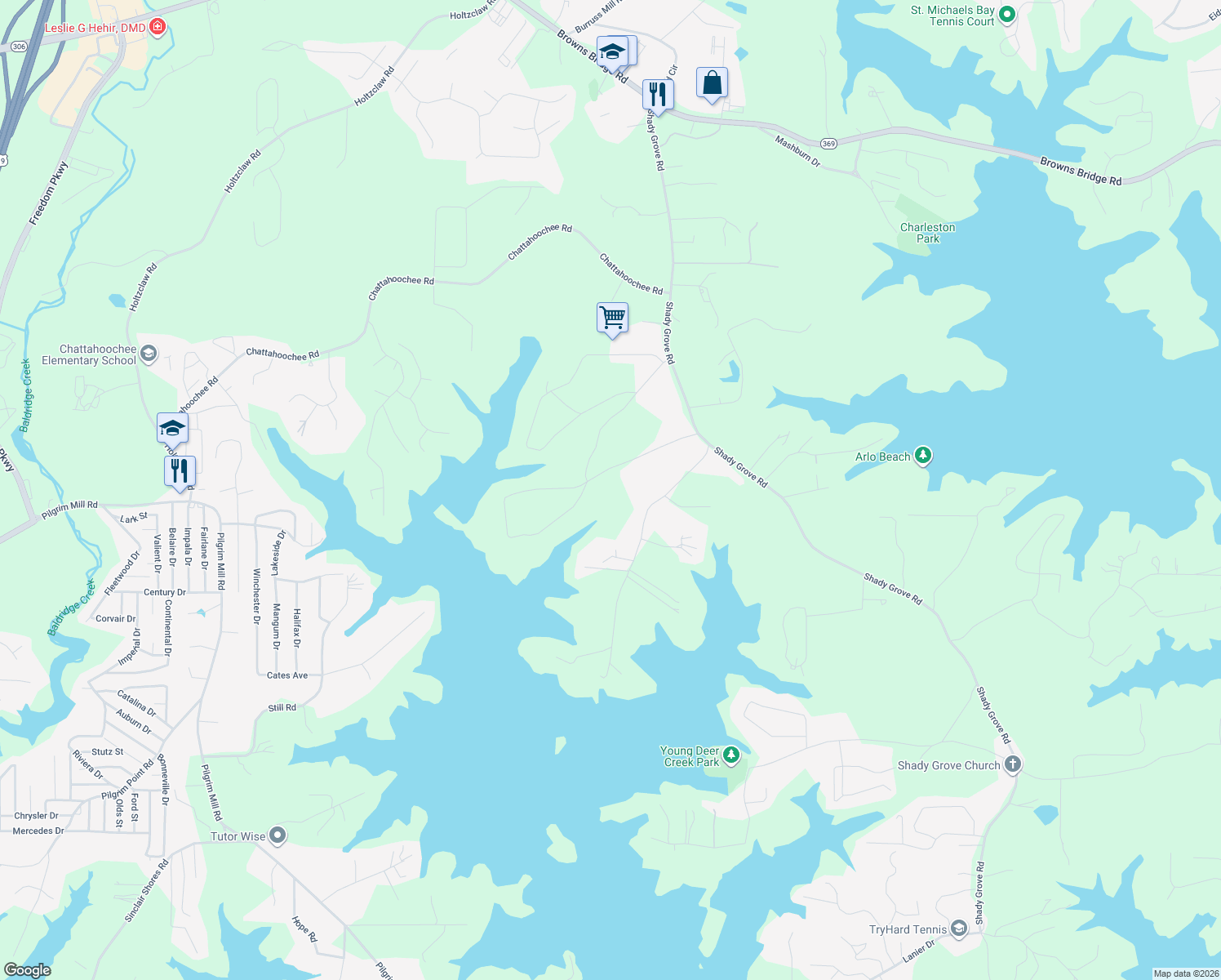map of restaurants, bars, coffee shops, grocery stores, and more near 5865 P W A Drive in Cumming