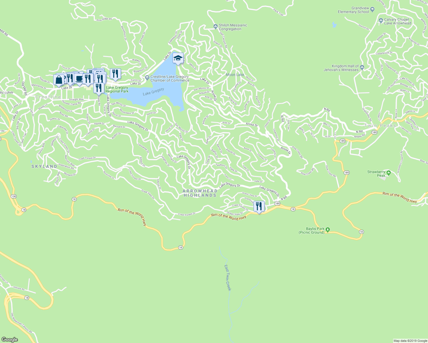 map of restaurants, bars, coffee shops, grocery stores, and more near 24886 Felsen Drive in Crestline