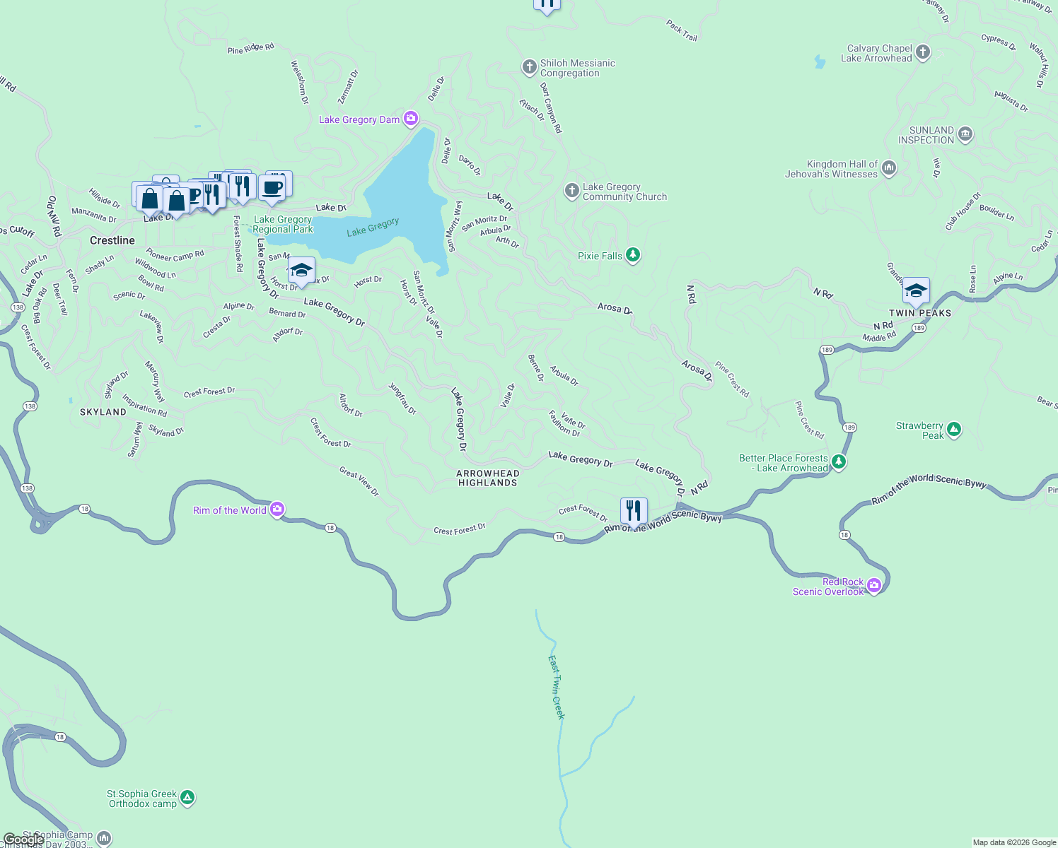 map of restaurants, bars, coffee shops, grocery stores, and more near 24882 Felsen Drive in Crestline