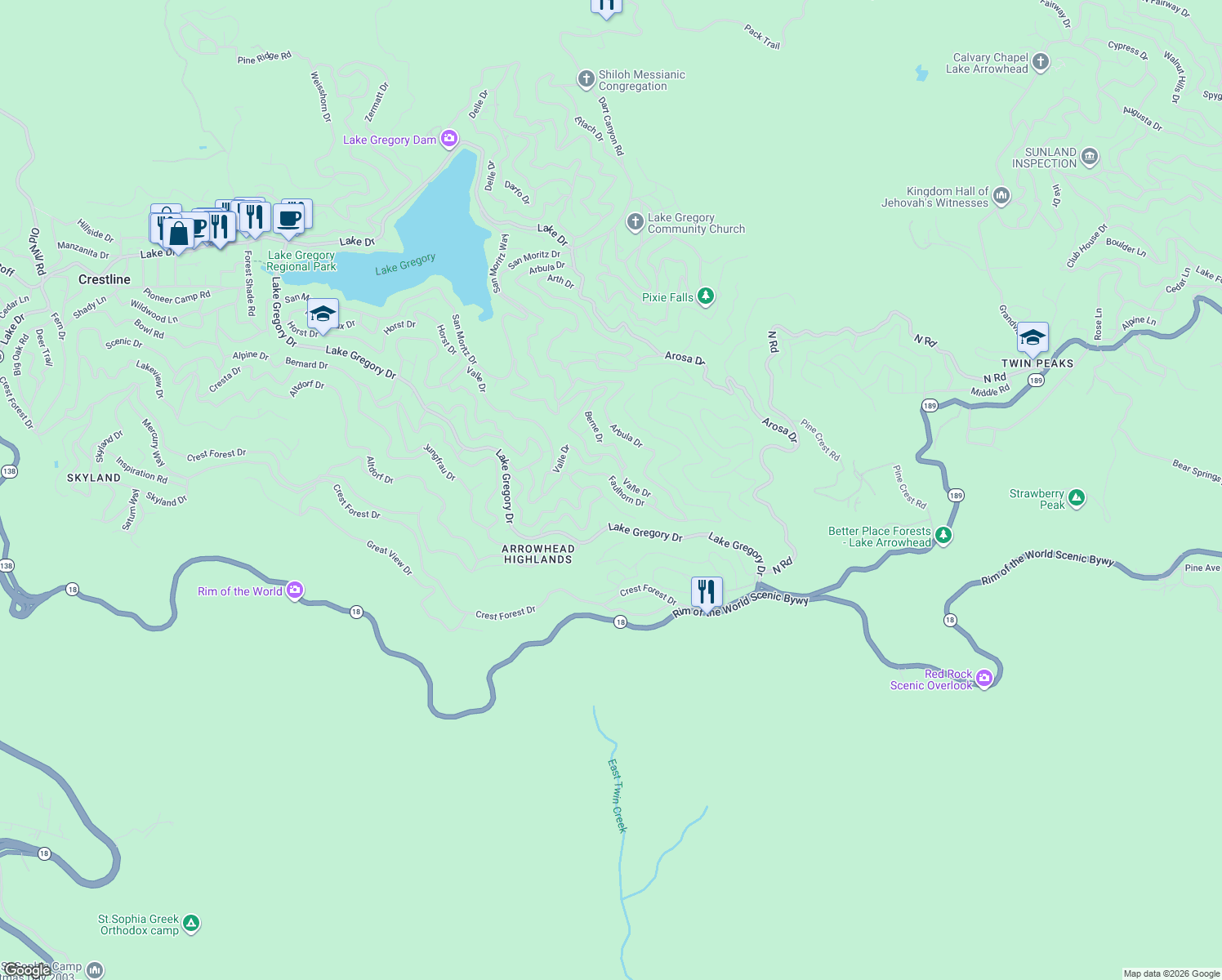 map of restaurants, bars, coffee shops, grocery stores, and more near 24941 Faulhorn Drive in Crestline