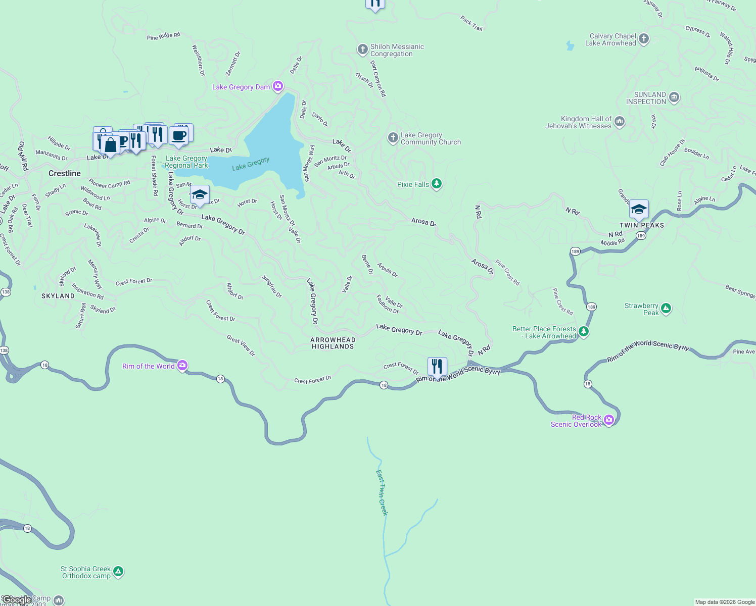 map of restaurants, bars, coffee shops, grocery stores, and more near 24941 Faulhorn Drive in Crestline