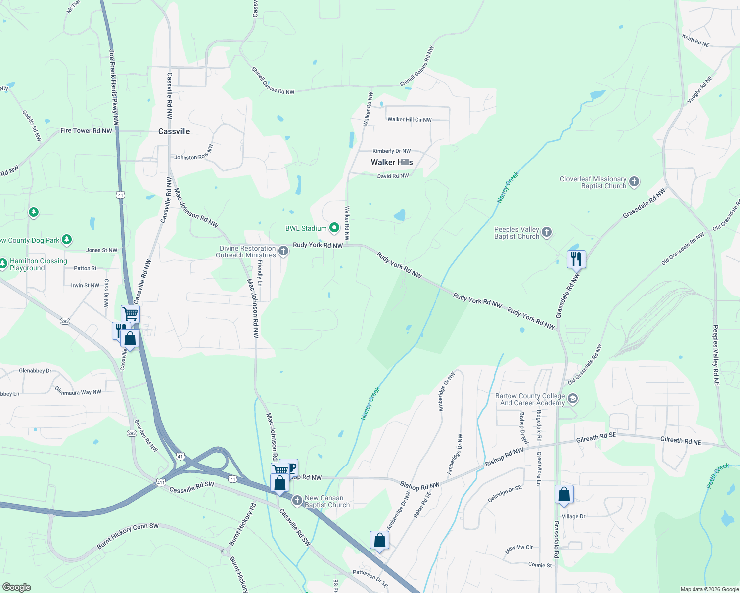map of restaurants, bars, coffee shops, grocery stores, and more near 2 Tower Ridge Road Northwest in Cartersville