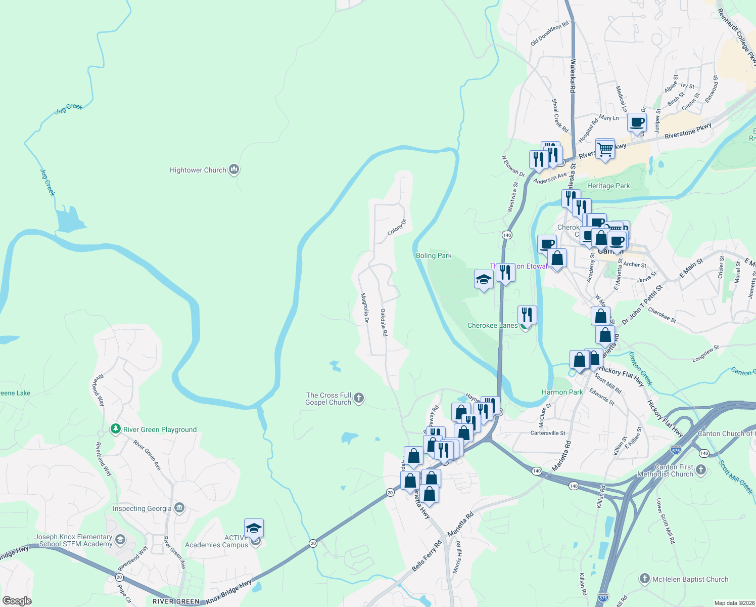 map of restaurants, bars, coffee shops, grocery stores, and more near 860 Oakdale Road in Canton