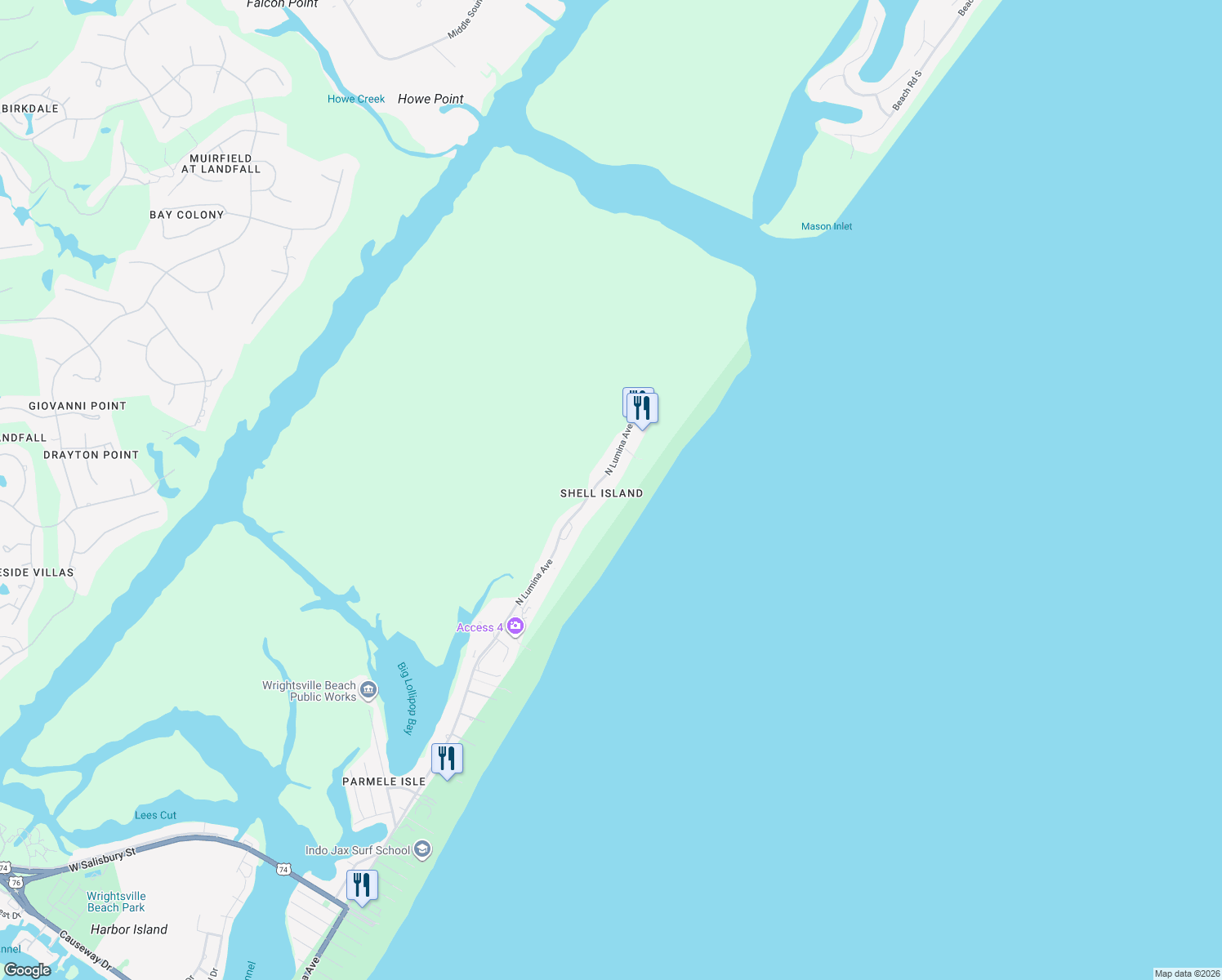map of restaurants, bars, coffee shops, grocery stores, and more near 2606 North Lumina Avenue in Wrightsville Beach