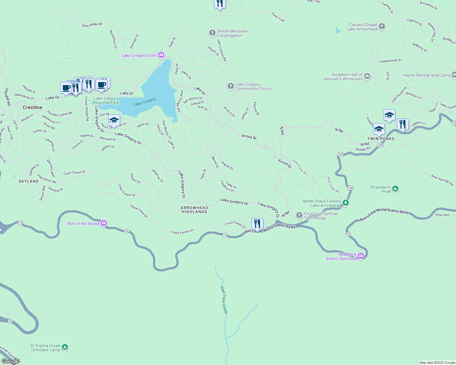 map of restaurants, bars, coffee shops, grocery stores, and more near Valle Drive in Crestline
