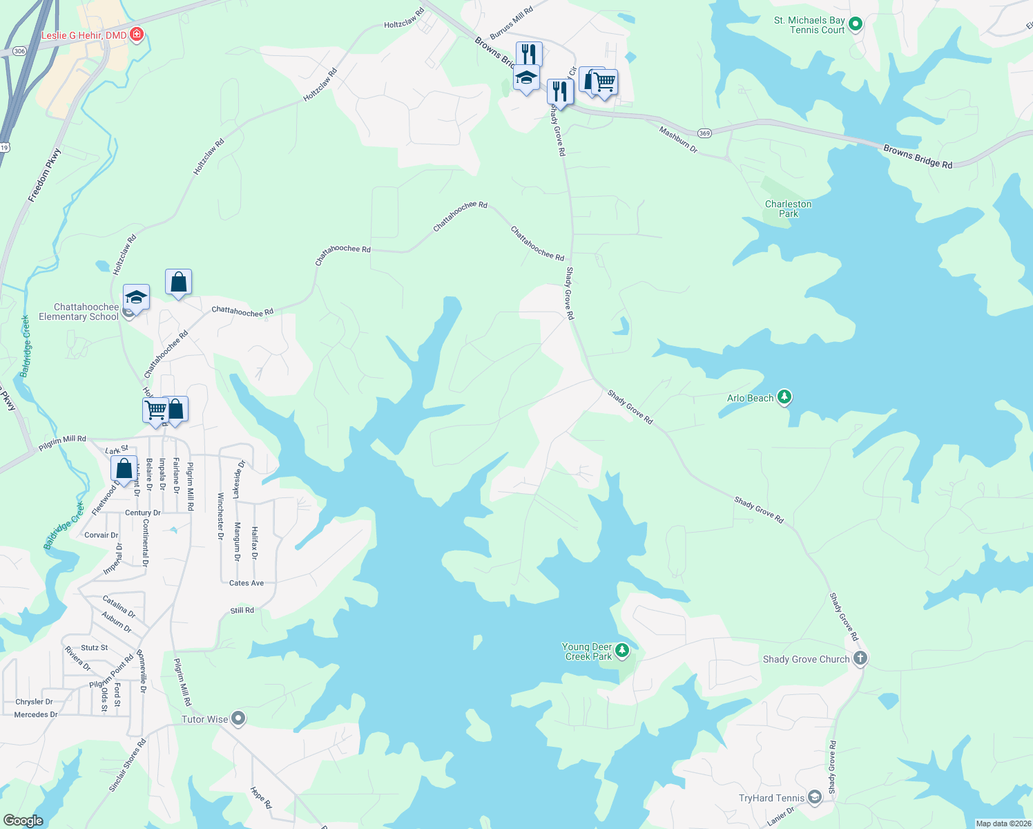 map of restaurants, bars, coffee shops, grocery stores, and more near 5865 P W A Drive in Cumming