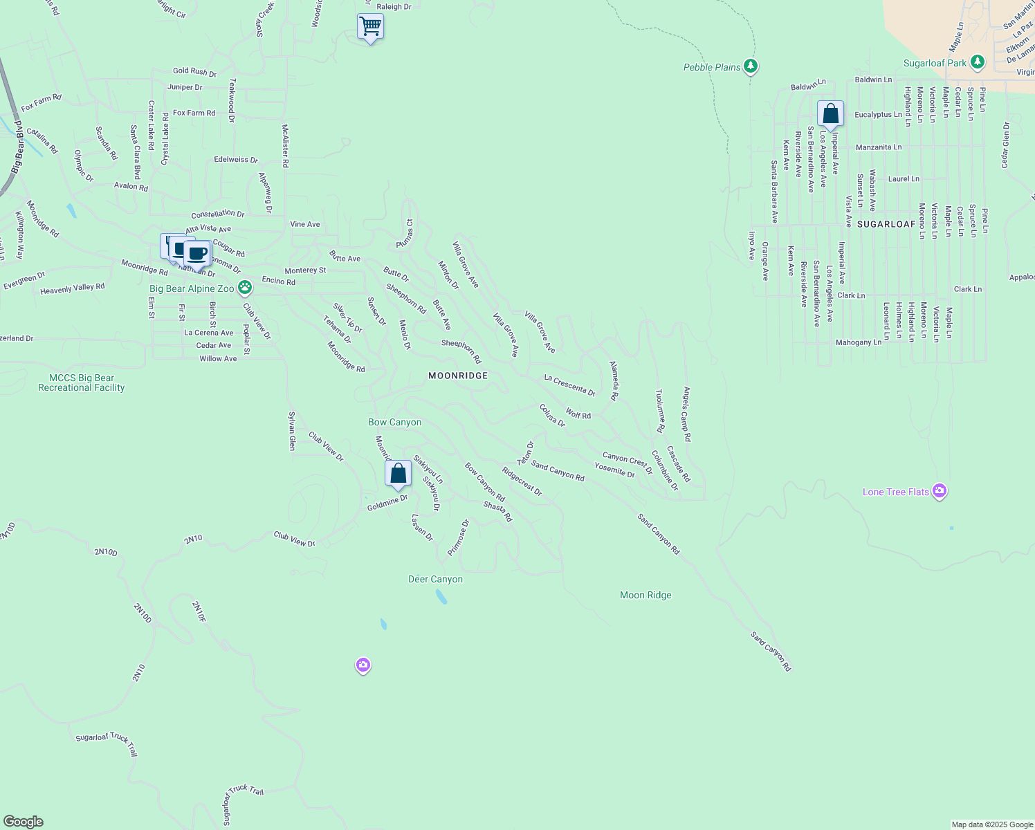 map of restaurants, bars, coffee shops, grocery stores, and more near 43555 Colusa Drive in Big Bear Lake