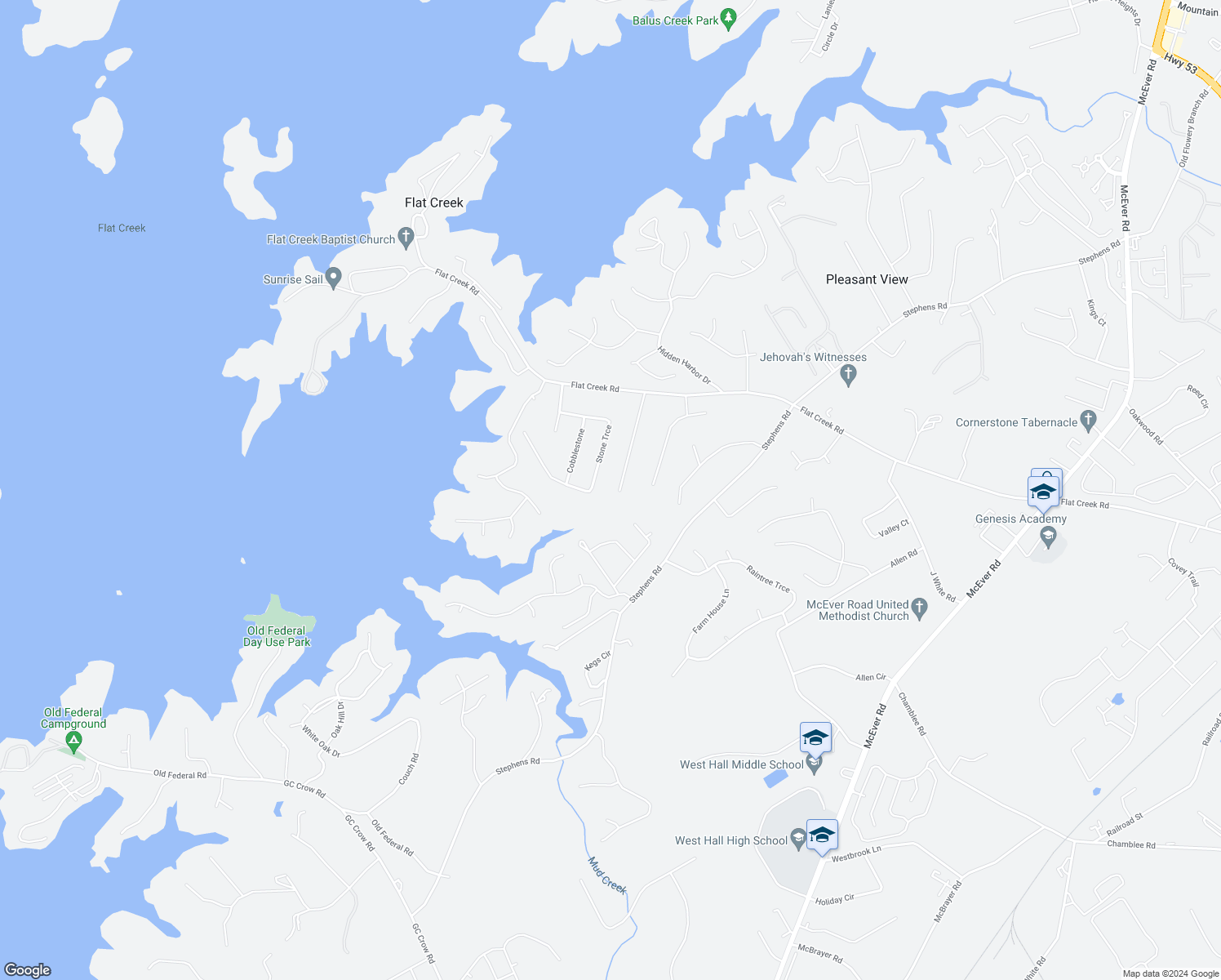 map of restaurants, bars, coffee shops, grocery stores, and more near 5278 Byers Road in Gainesville