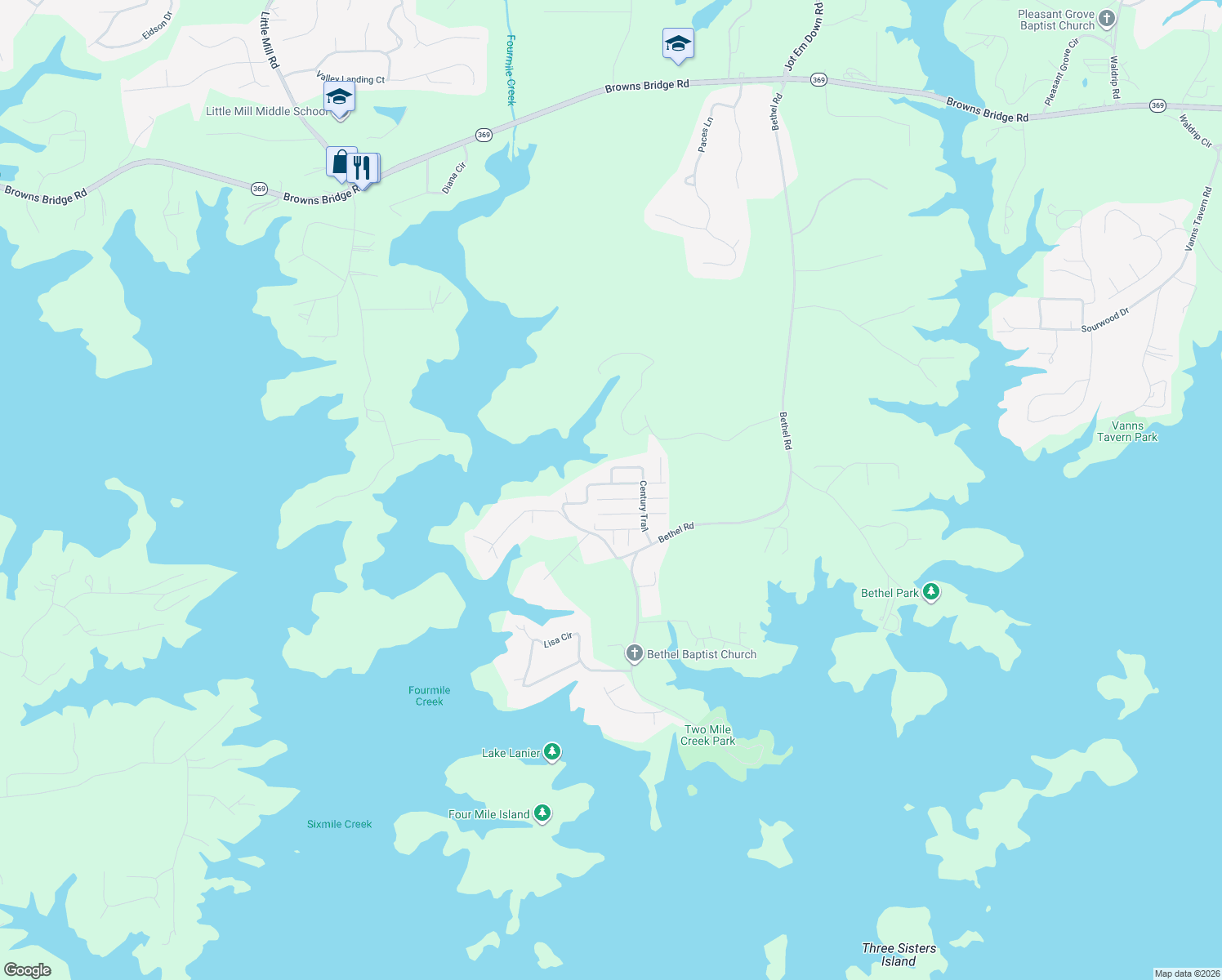 map of restaurants, bars, coffee shops, grocery stores, and more near 9185 Fleetwood Trail in Gainesville