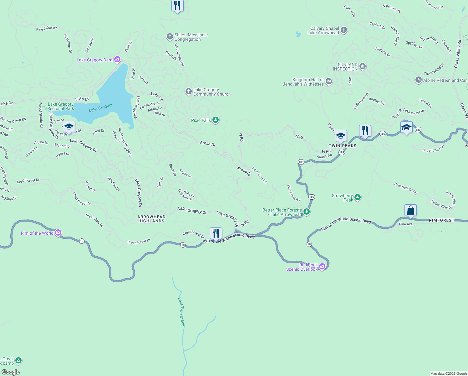 map of restaurants, bars, coffee shops, grocery stores, and more near 1155 Chateau Drive in Crestline