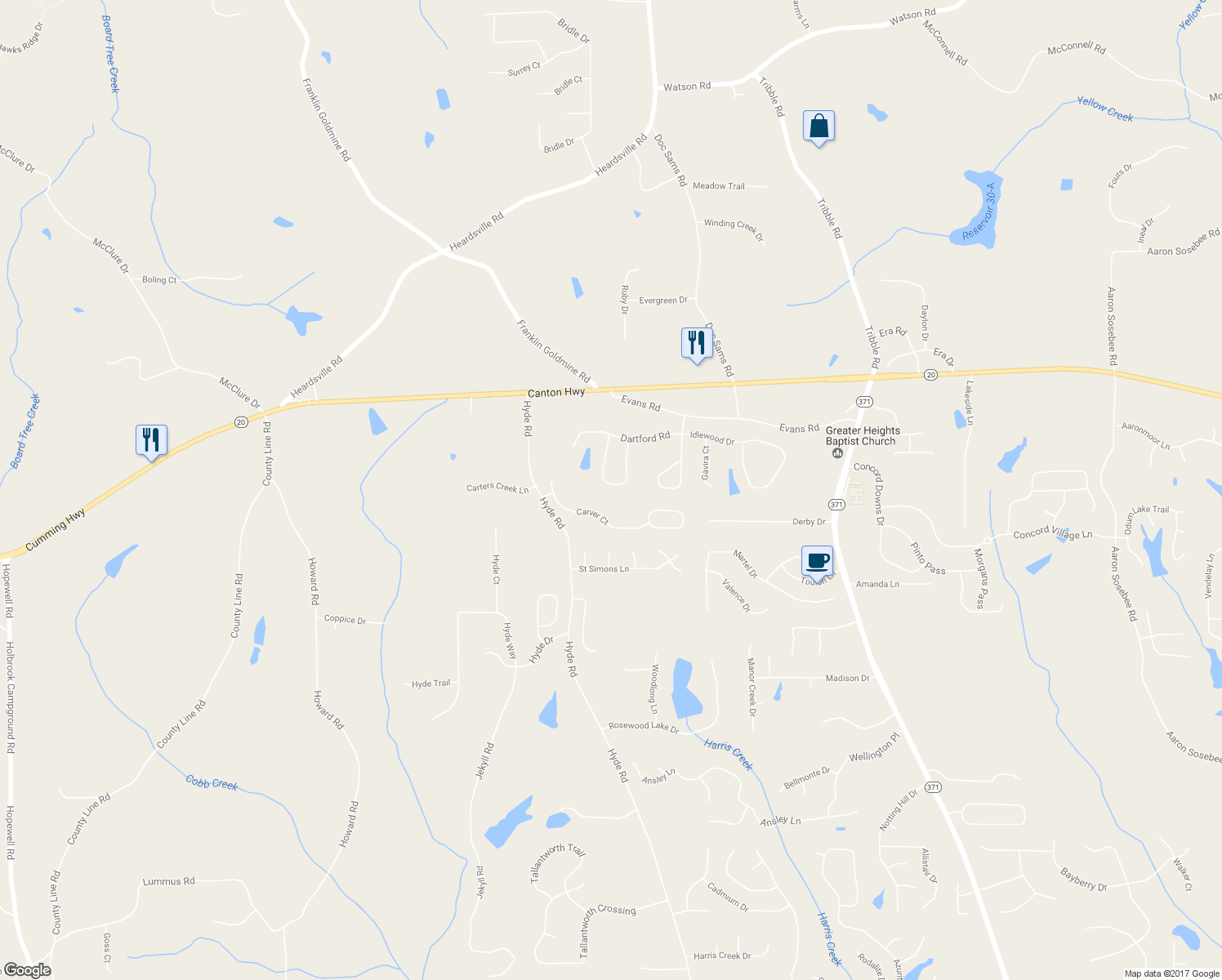 map of restaurants, bars, coffee shops, grocery stores, and more near 4545 Evandale Way in Cumming