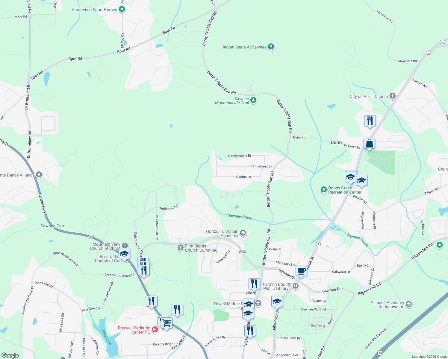 map of restaurants, bars, coffee shops, grocery stores, and more near 2070 Cactus Lane in Cumming