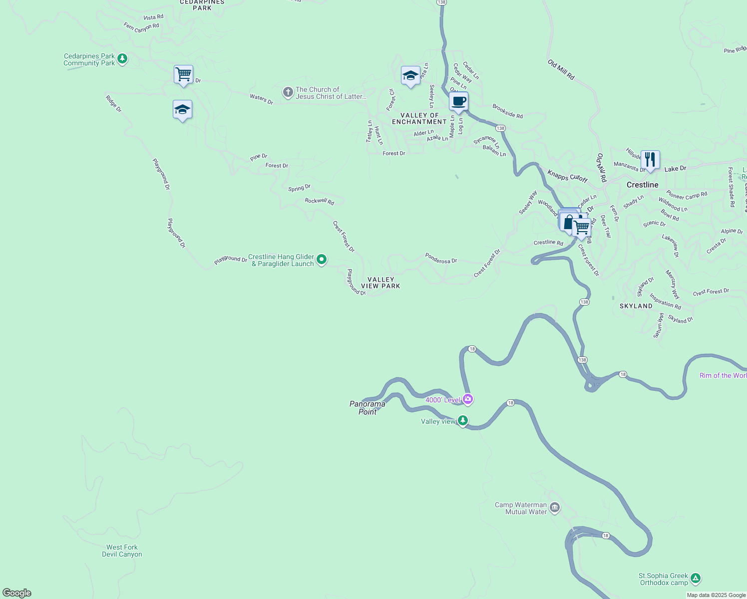 map of restaurants, bars, coffee shops, grocery stores, and more near 22665 Valley View Drive in Crestline