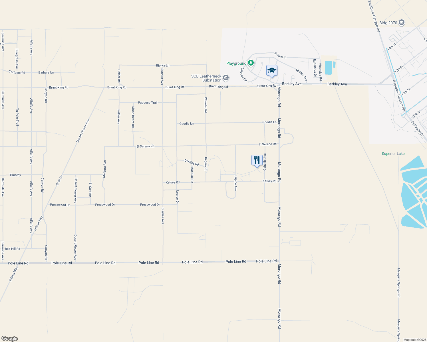map of restaurants, bars, coffee shops, grocery stores, and more near 71654 Kelsey Road in Twentynine Palms