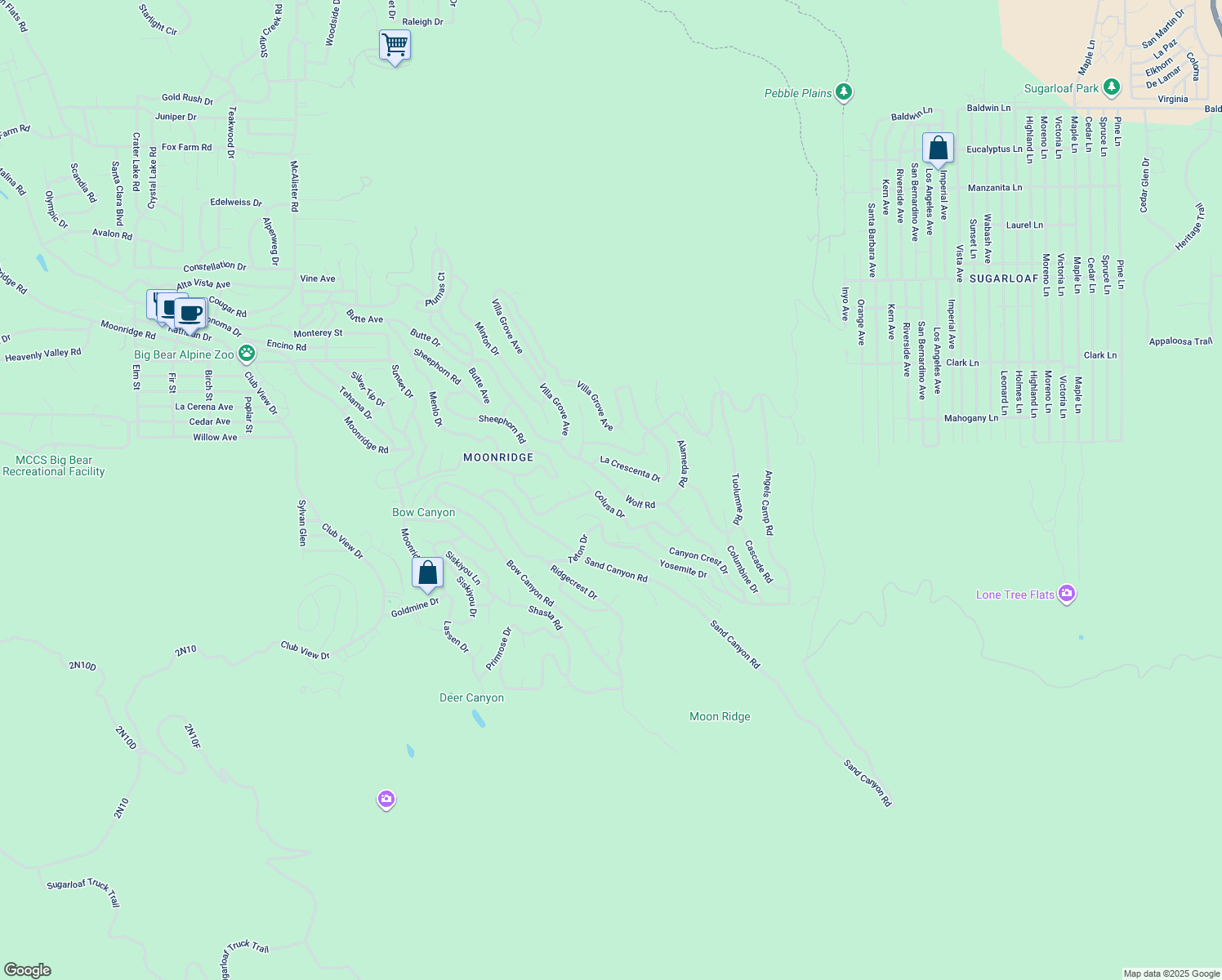 map of restaurants, bars, coffee shops, grocery stores, and more near 43659 Wolf Road in Big Bear Lake