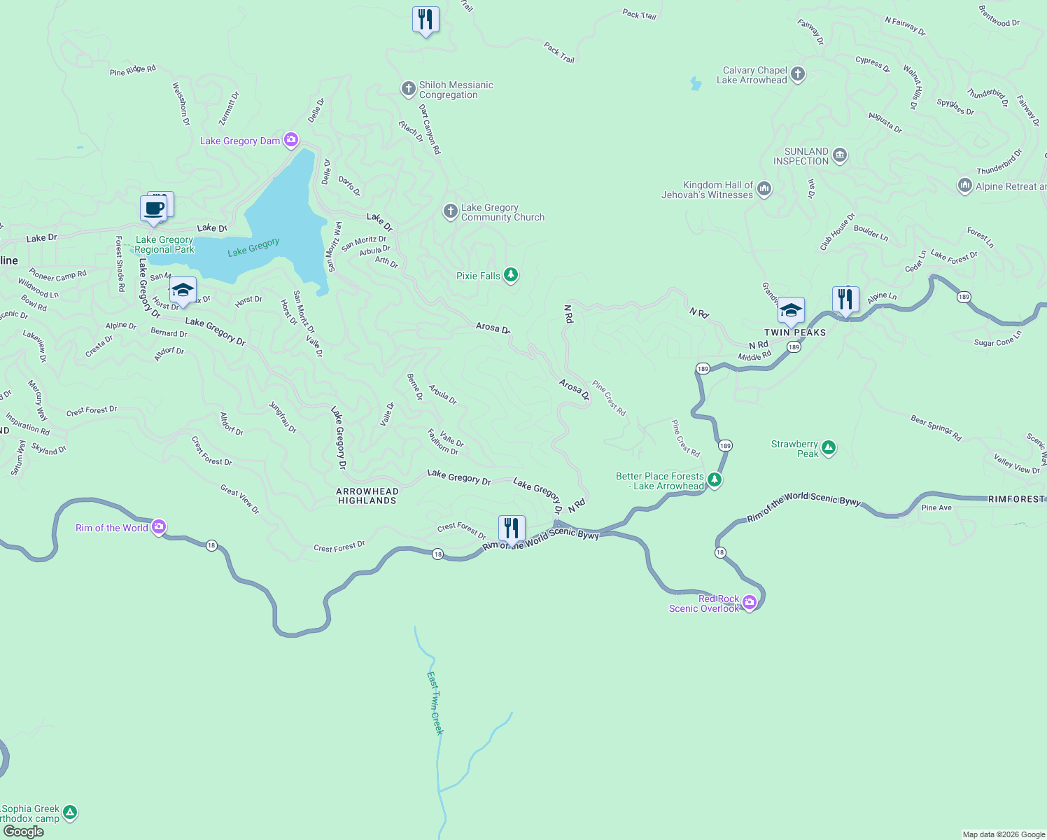 map of restaurants, bars, coffee shops, grocery stores, and more near 1080 Chateau Drive in Crestline