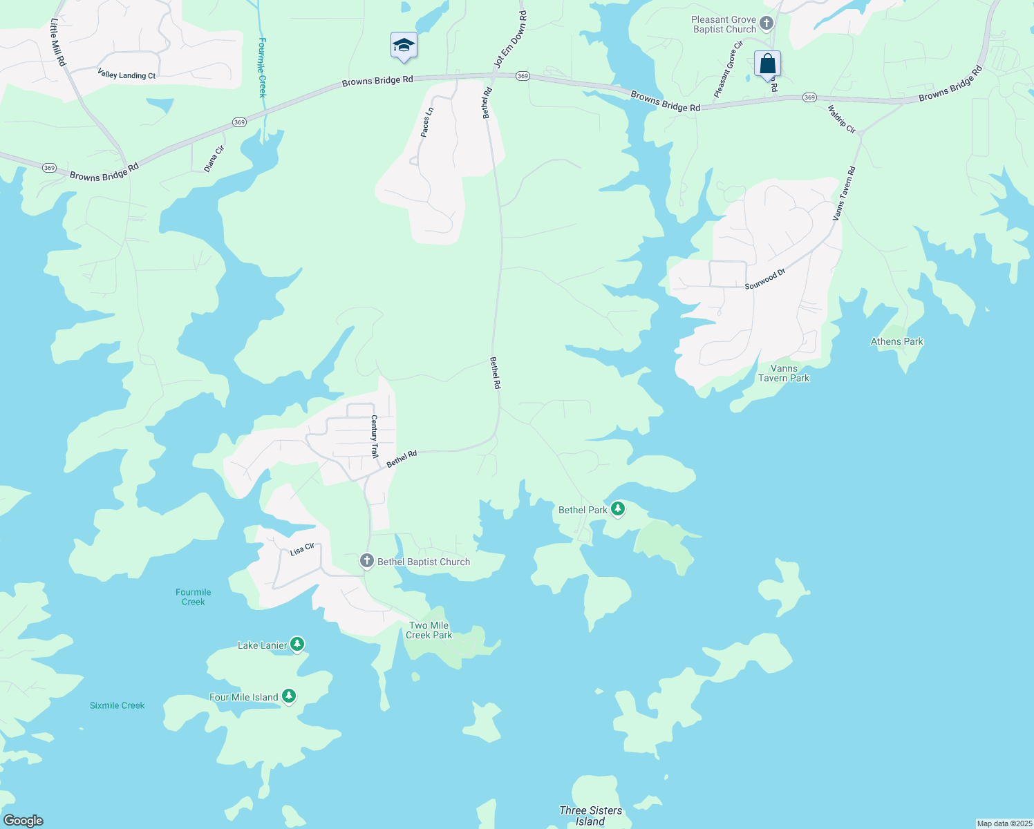 map of restaurants, bars, coffee shops, grocery stores, and more near 8465 Bethel Ridge Court in Gainesville
