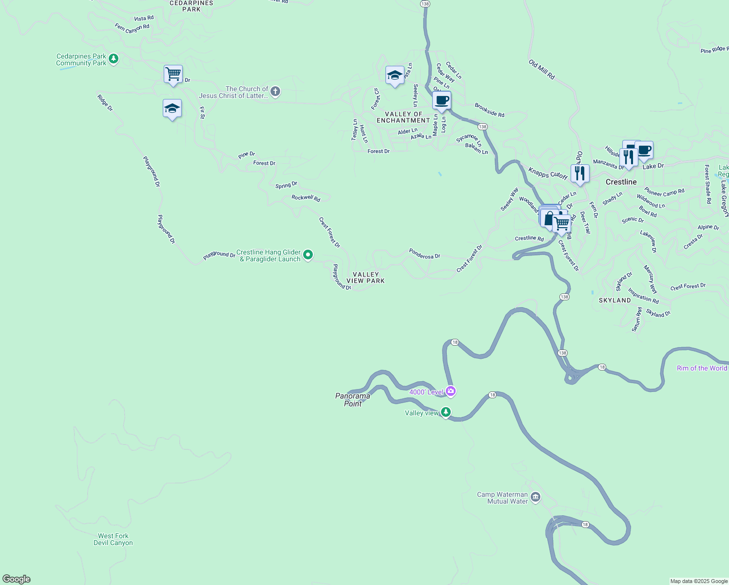 map of restaurants, bars, coffee shops, grocery stores, and more near 22724 Grandview Drive in Crestline