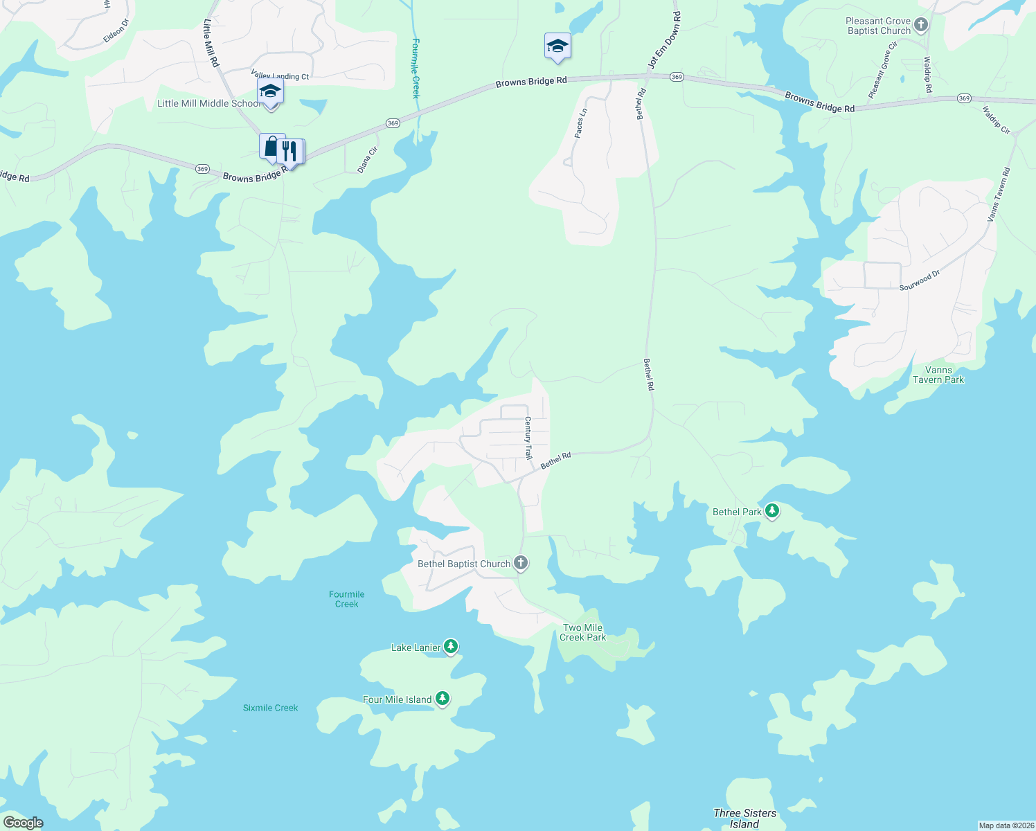 map of restaurants, bars, coffee shops, grocery stores, and more near 9130 Fleetwood Trail in Gainesville