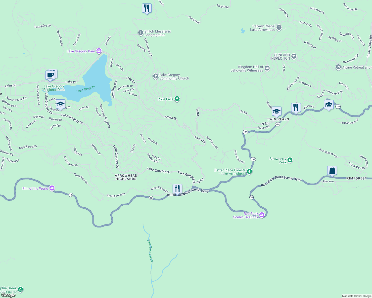 map of restaurants, bars, coffee shops, grocery stores, and more near Calanda Drive in Crestline