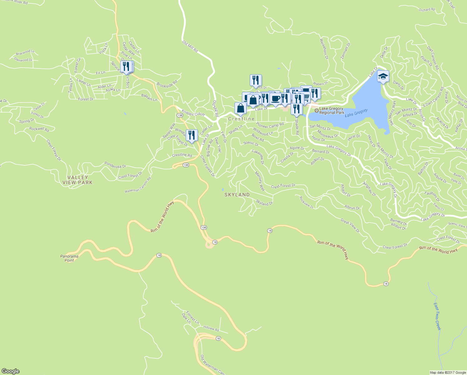 map of restaurants, bars, coffee shops, grocery stores, and more near 1036 Venus Way in Crestline
