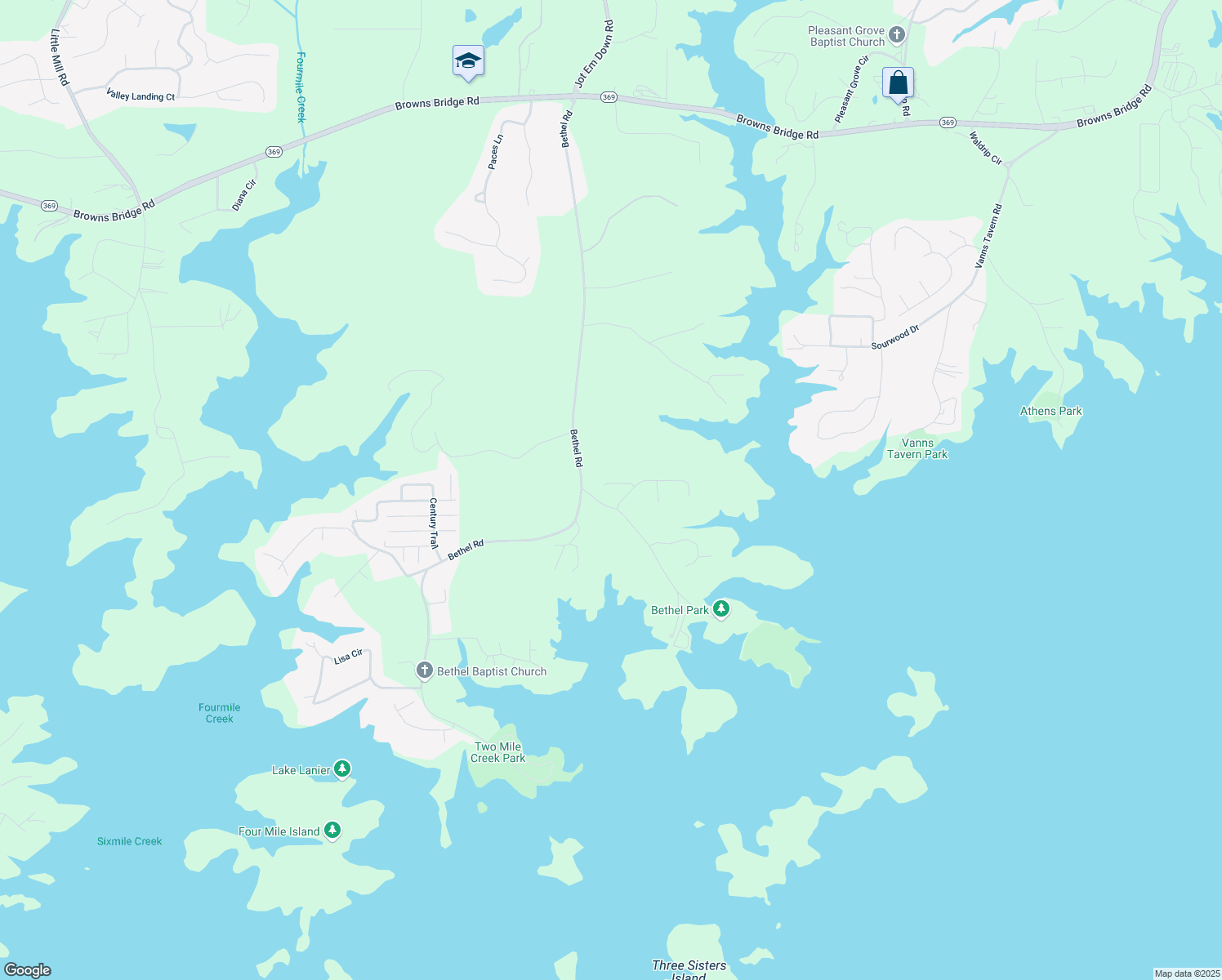 map of restaurants, bars, coffee shops, grocery stores, and more near 8445 Bethel Ridge Court in Gainesville
