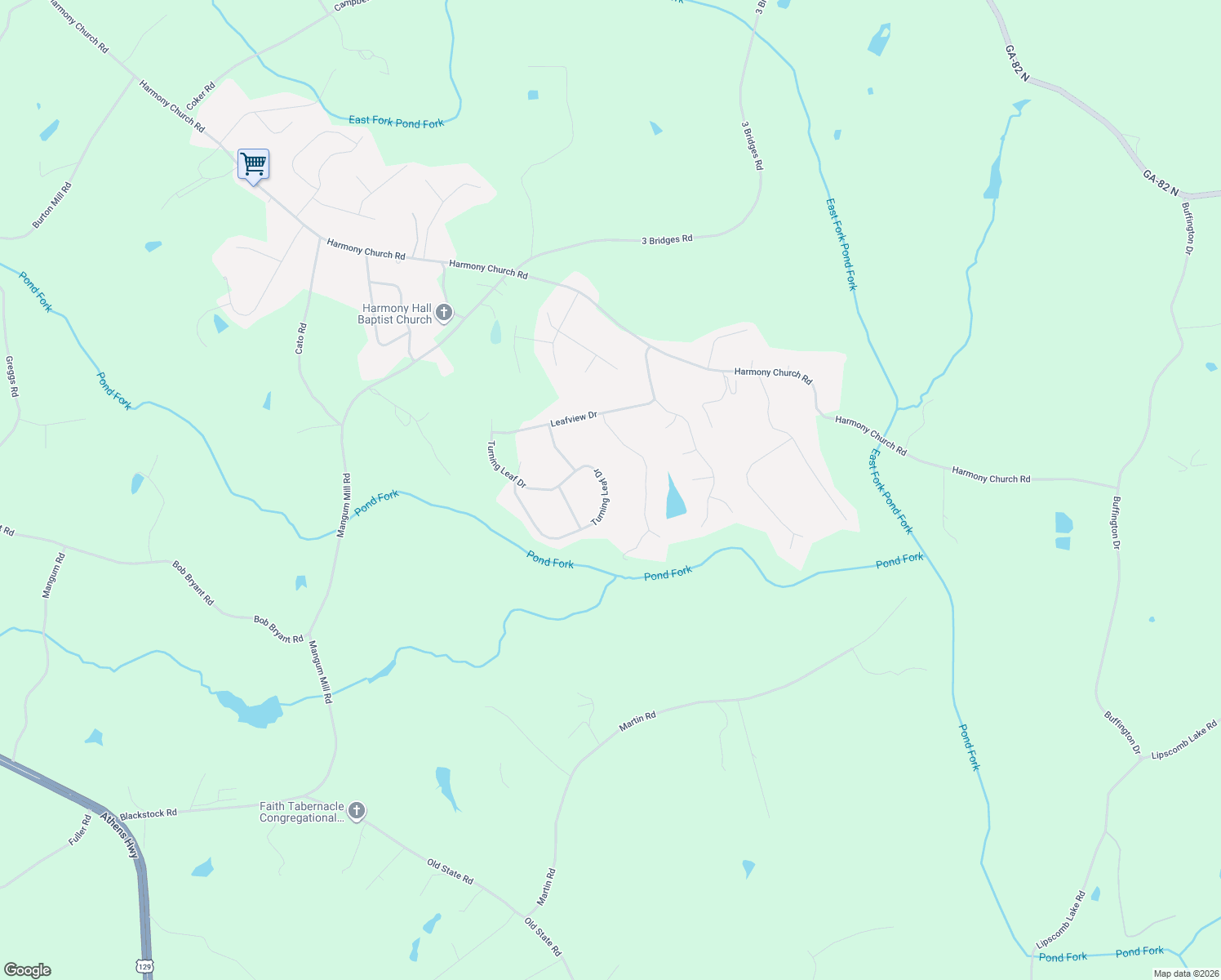 map of restaurants, bars, coffee shops, grocery stores, and more near 4685 Turning Leaf Drive in Gillsville