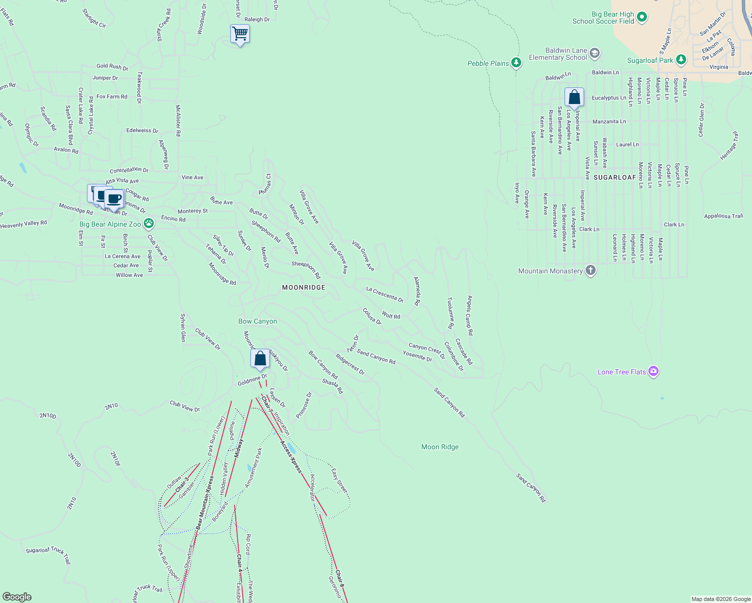 map of restaurants, bars, coffee shops, grocery stores, and more near 1490 Wolf Road in Big Bear Lake
