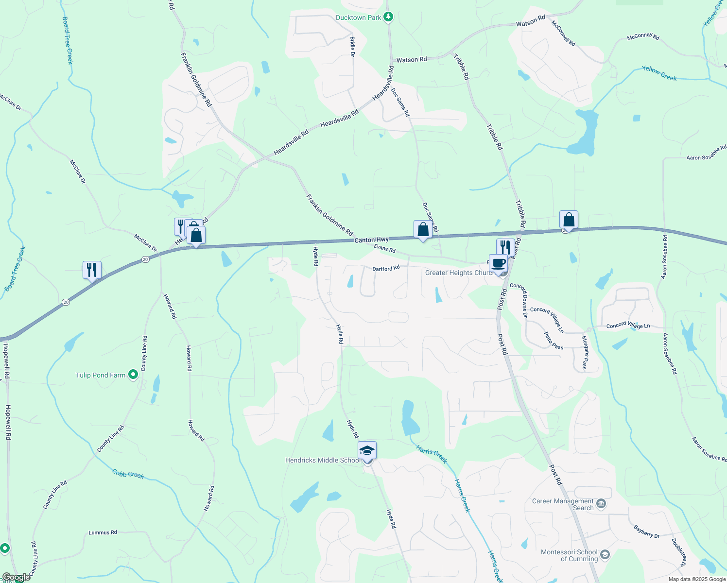 map of restaurants, bars, coffee shops, grocery stores, and more near 4560 Evandale Way in Cumming