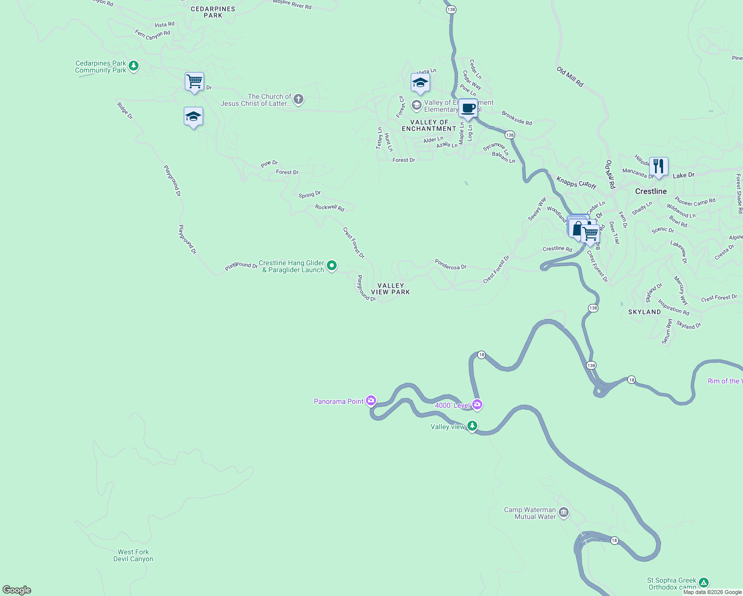 map of restaurants, bars, coffee shops, grocery stores, and more near 1055 Playground Drive in Crestline