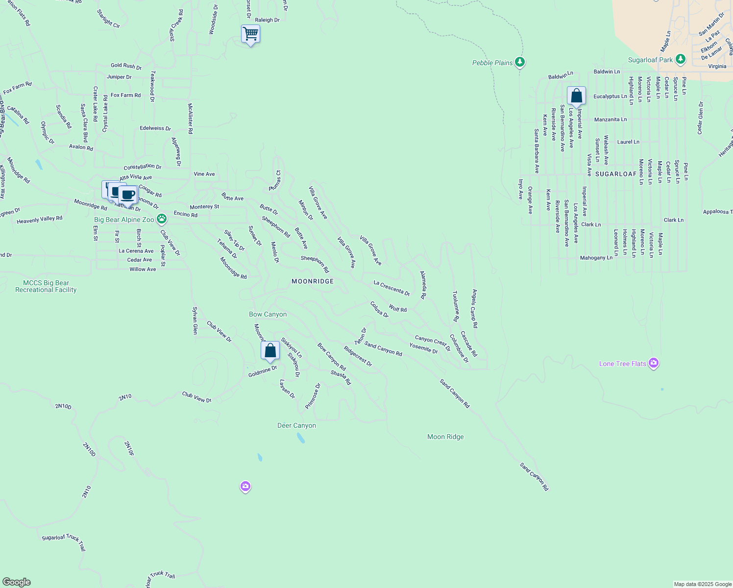 map of restaurants, bars, coffee shops, grocery stores, and more near 991 Colusa Lane in Big Bear Lake