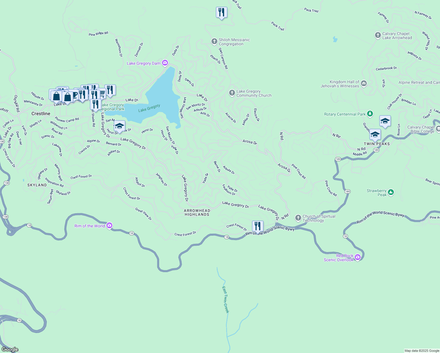 map of restaurants, bars, coffee shops, grocery stores, and more near Valle Drive in Crestline