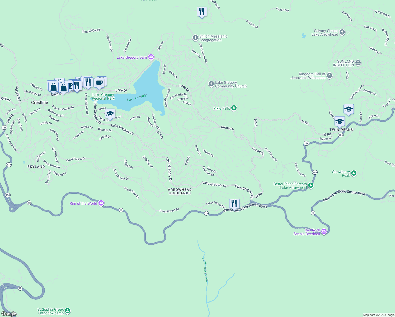 map of restaurants, bars, coffee shops, grocery stores, and more near Balfrin Drive in Crestline