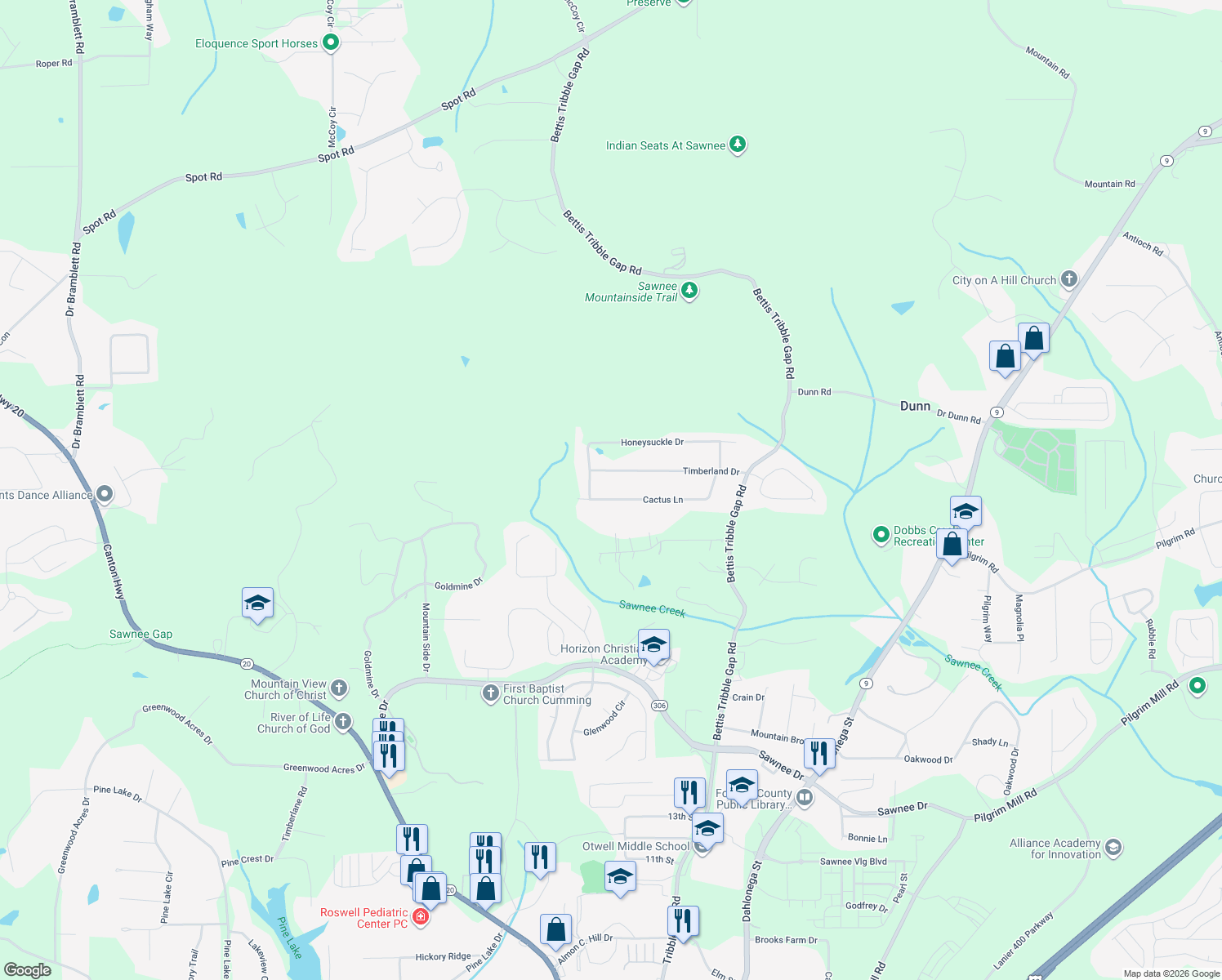 map of restaurants, bars, coffee shops, grocery stores, and more near 2070 Cactus Lane in Cumming