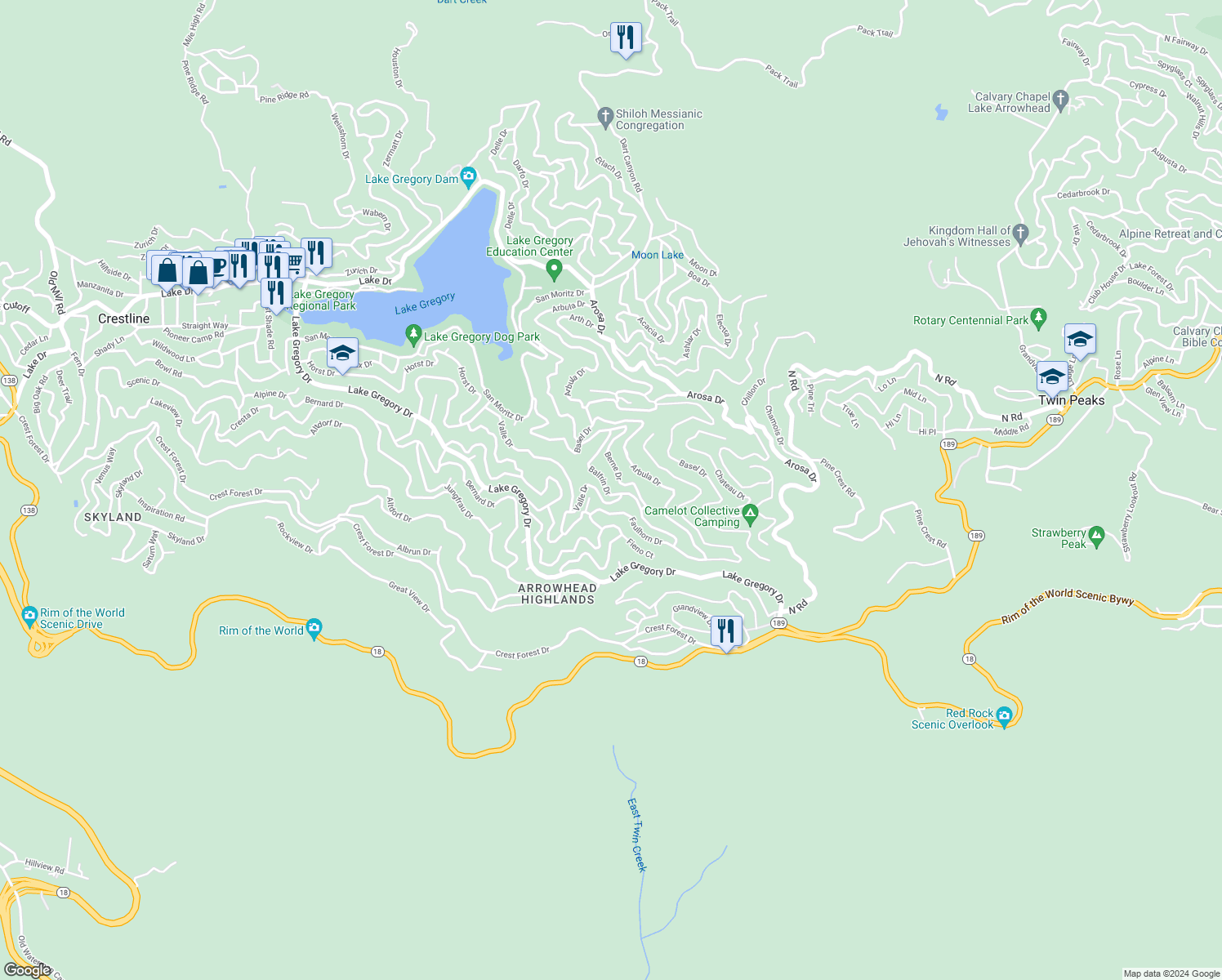 map of restaurants, bars, coffee shops, grocery stores, and more near Balfrin Drive in Crestline