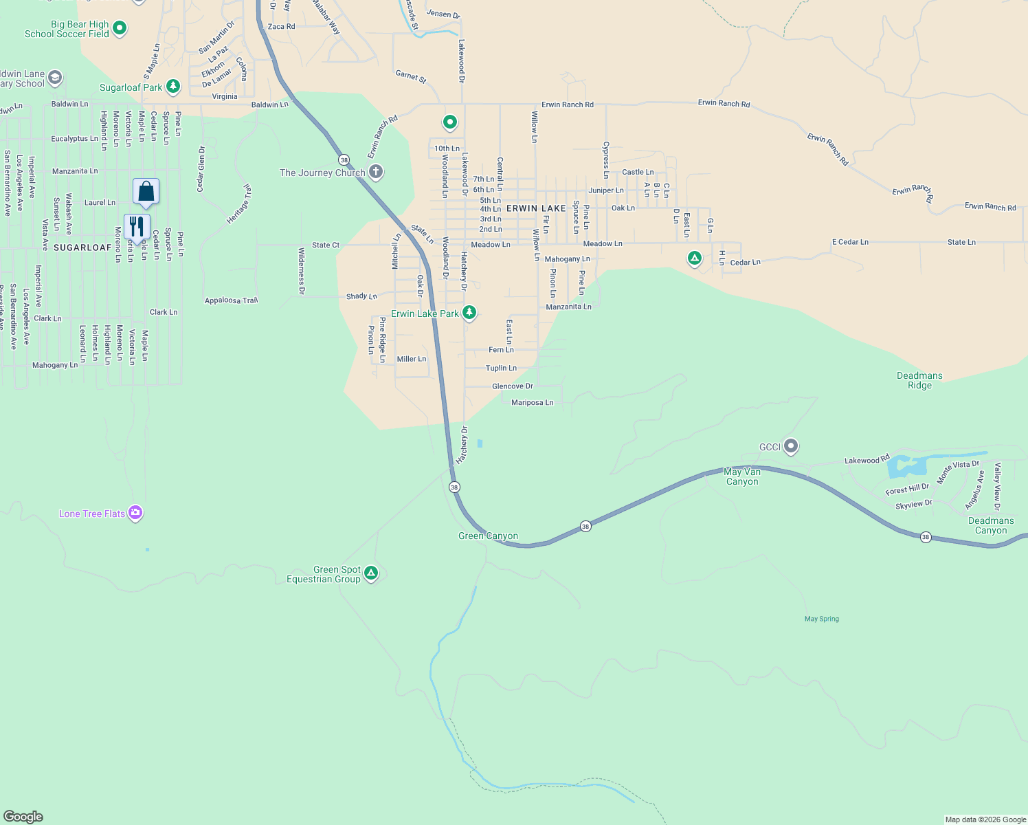 map of restaurants, bars, coffee shops, grocery stores, and more near 2157 Mariposa Lane in Big Bear