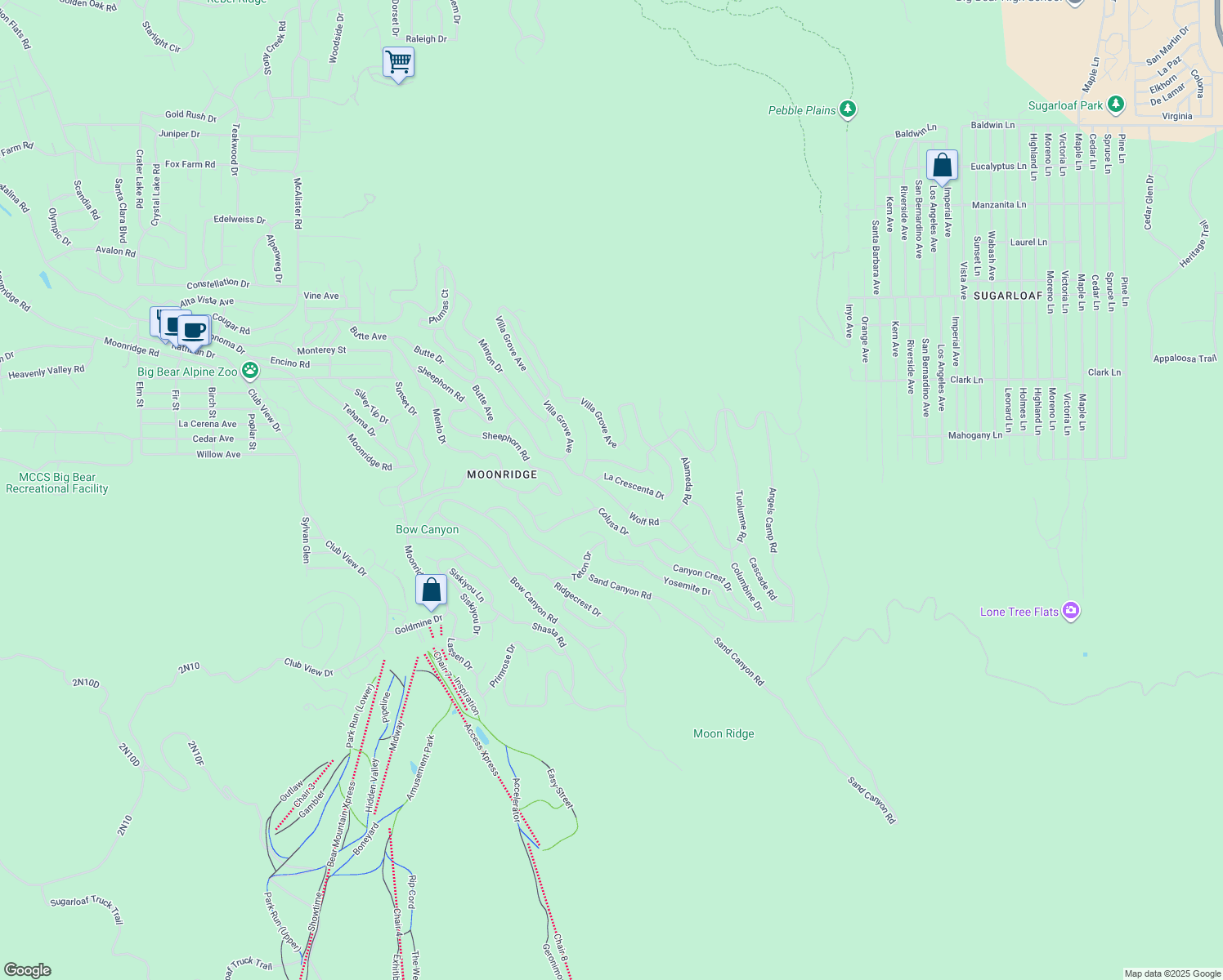 map of restaurants, bars, coffee shops, grocery stores, and more near 1490 Wolf Road in Big Bear Lake