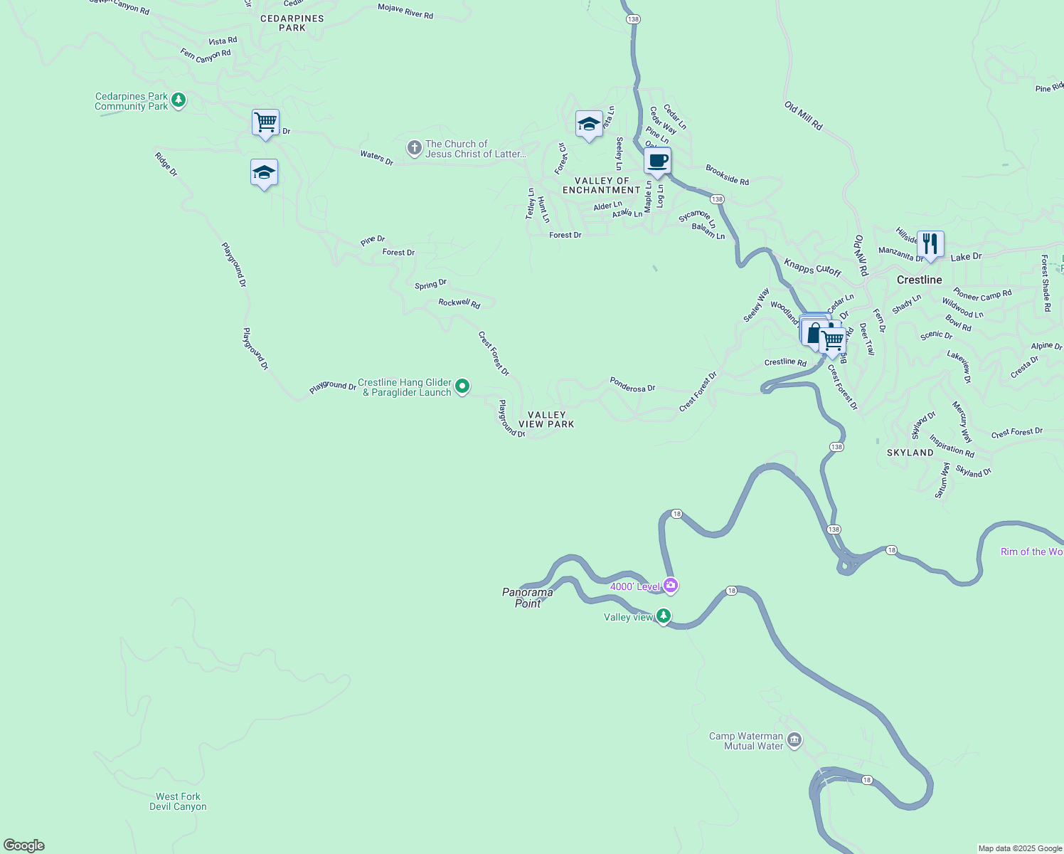 map of restaurants, bars, coffee shops, grocery stores, and more near 1079 Playground Drive in Crestline