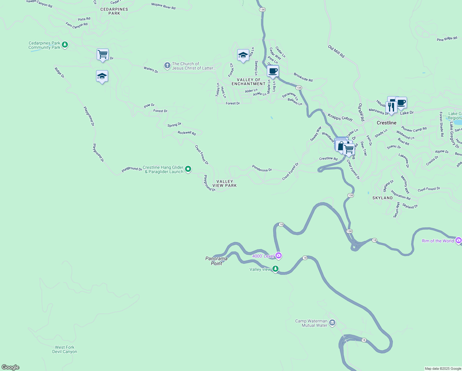 map of restaurants, bars, coffee shops, grocery stores, and more near 22738 Valley View Drive in Crestline
