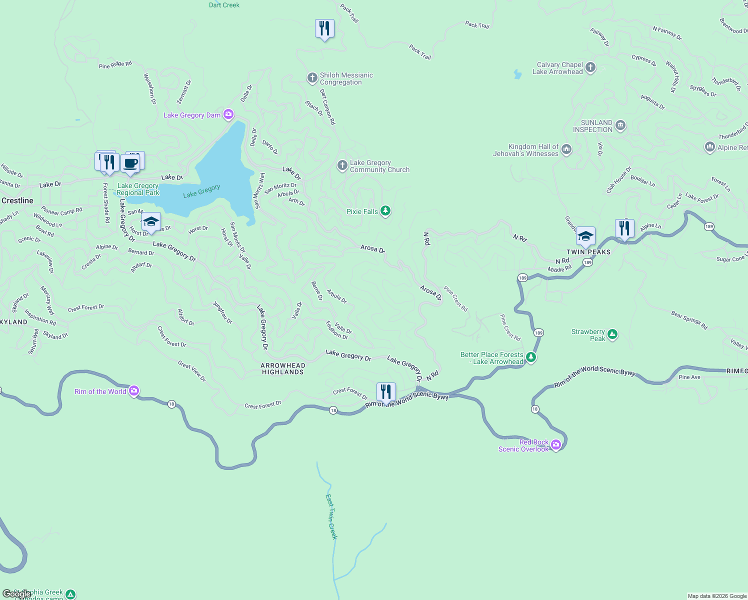 map of restaurants, bars, coffee shops, grocery stores, and more near Basel Drive in Crestline