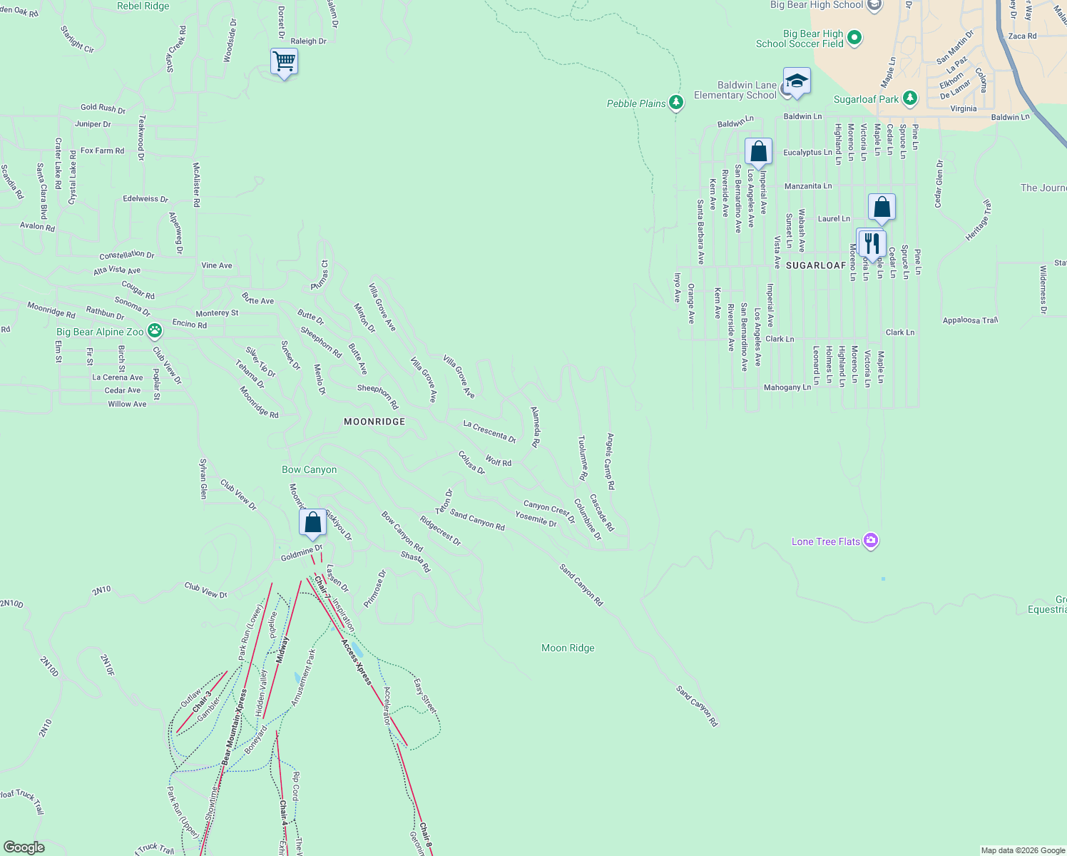 map of restaurants, bars, coffee shops, grocery stores, and more near 1193 Alameda Road in Big Bear