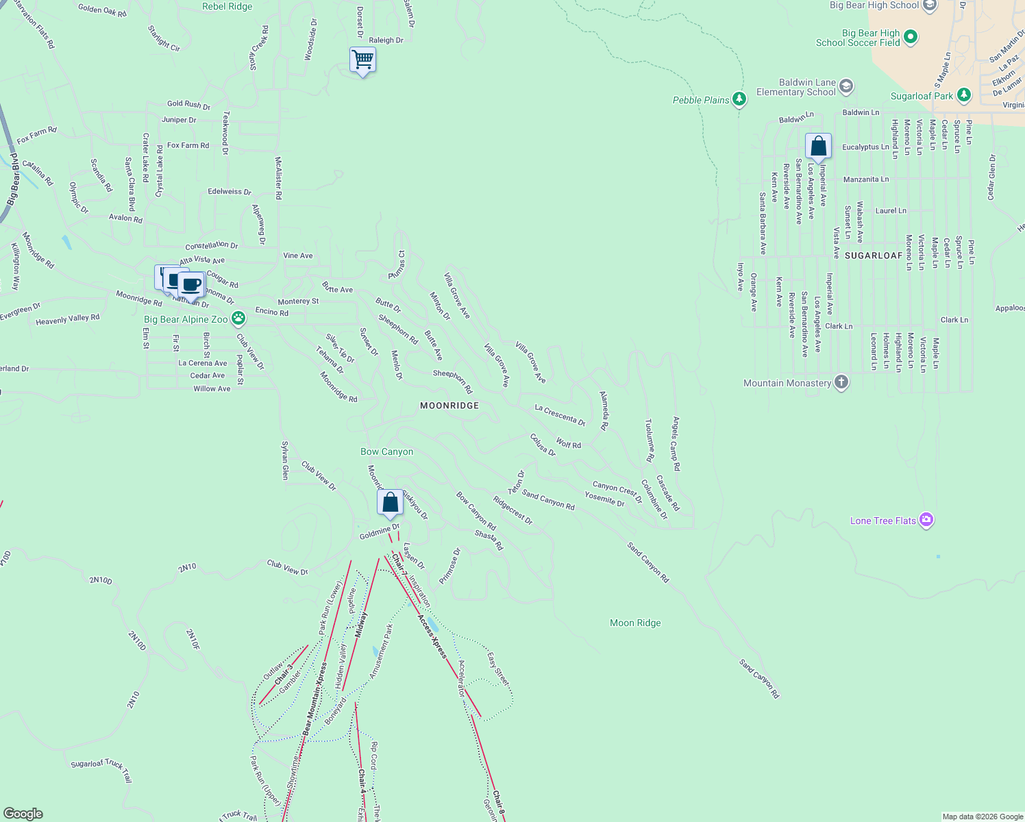 map of restaurants, bars, coffee shops, grocery stores, and more near 981 Colusa Lane in Big Bear Lake