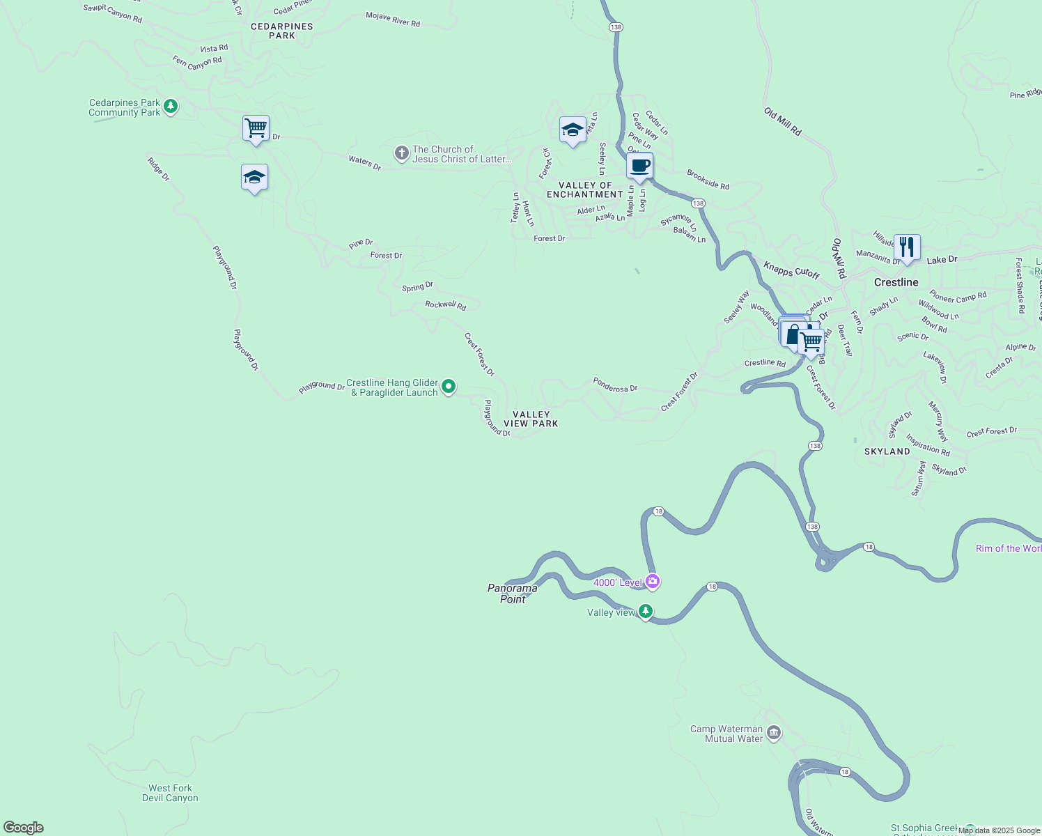map of restaurants, bars, coffee shops, grocery stores, and more near 22668 Crest Forest Drive in Crestline