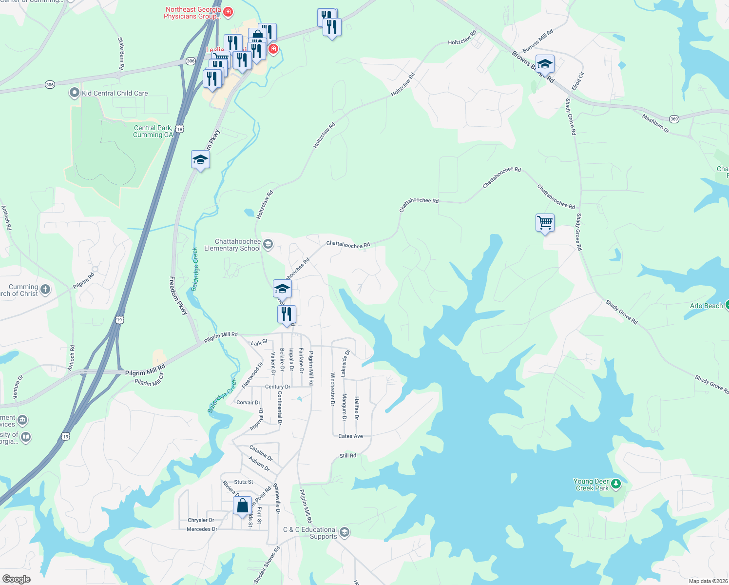 map of restaurants, bars, coffee shops, grocery stores, and more near 3675 Southlake Cir in Cumming