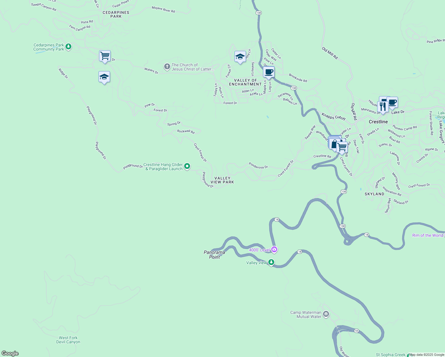 map of restaurants, bars, coffee shops, grocery stores, and more near 22668 Crest Forest Drive in Crestline