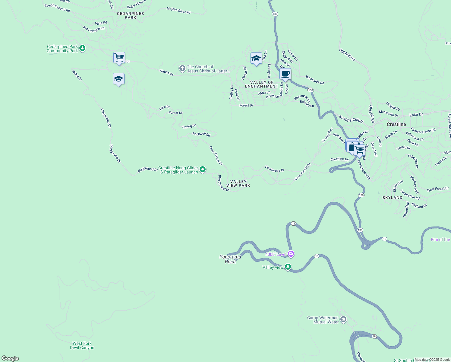 map of restaurants, bars, coffee shops, grocery stores, and more near 996 Coulter Pine Road in Crestline