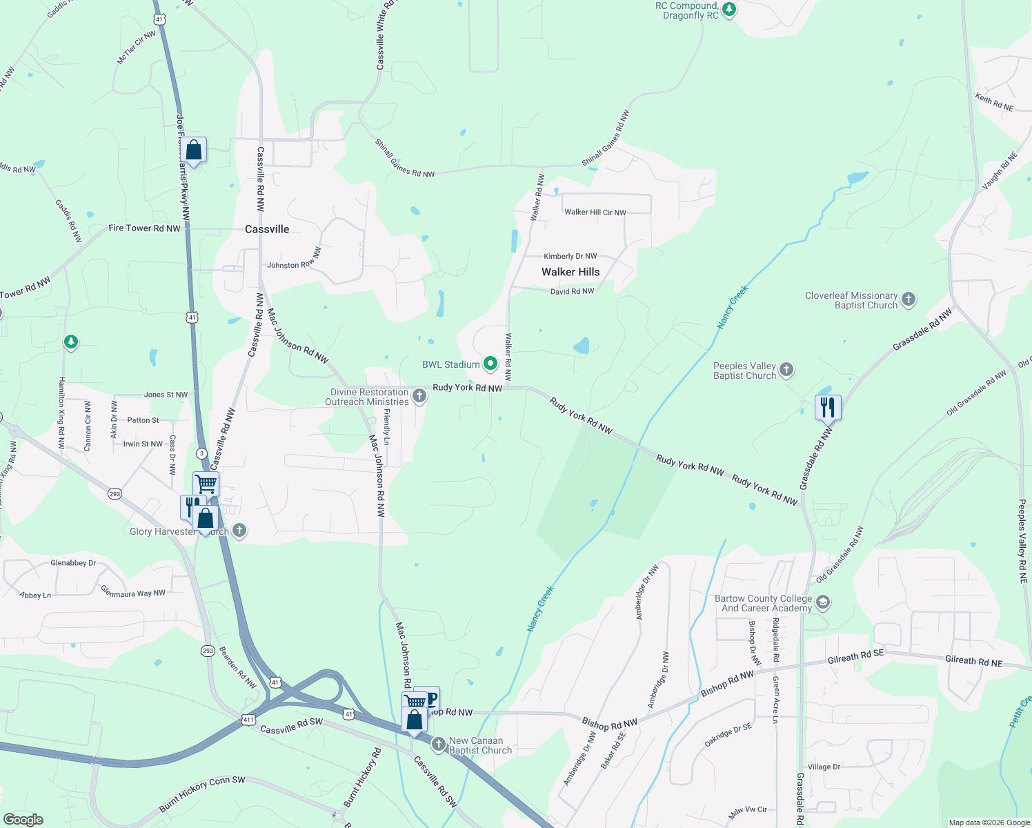 map of restaurants, bars, coffee shops, grocery stores, and more near 36 Tower Ridge Road Northwest in Cartersville