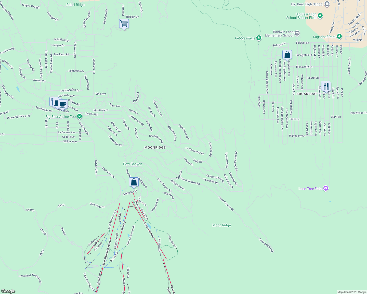 map of restaurants, bars, coffee shops, grocery stores, and more near 1396 La Crescenta Drive in Big Bear